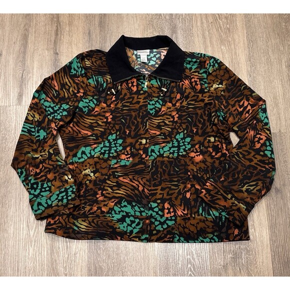 Chicos Zenergy Jacket Size 3 XL Leopard Print Zip Pockets Stretch Brown Green - Picture 1 of 9